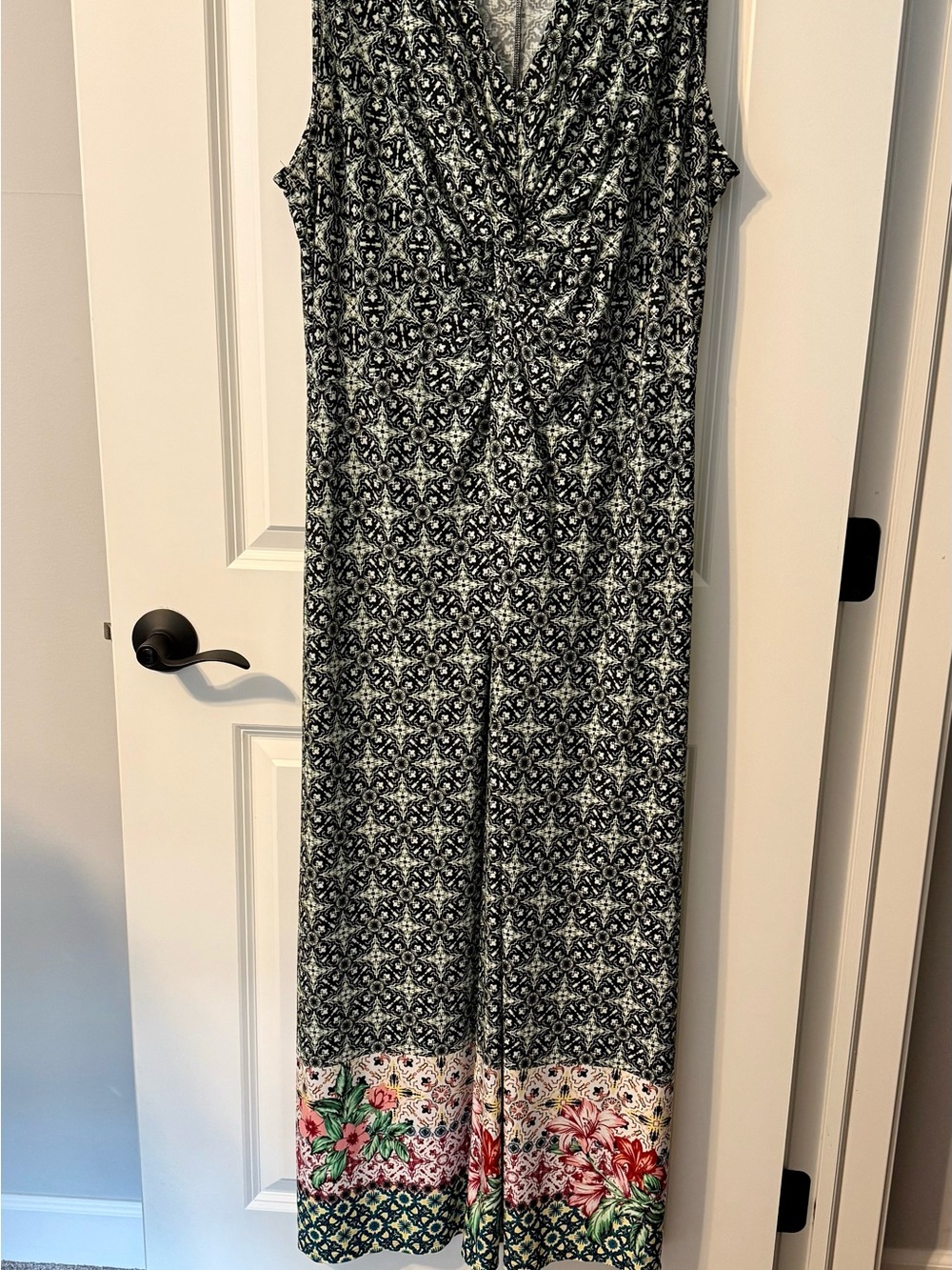 Catherines Black and White Patterned Maxi Dress with Floral Border